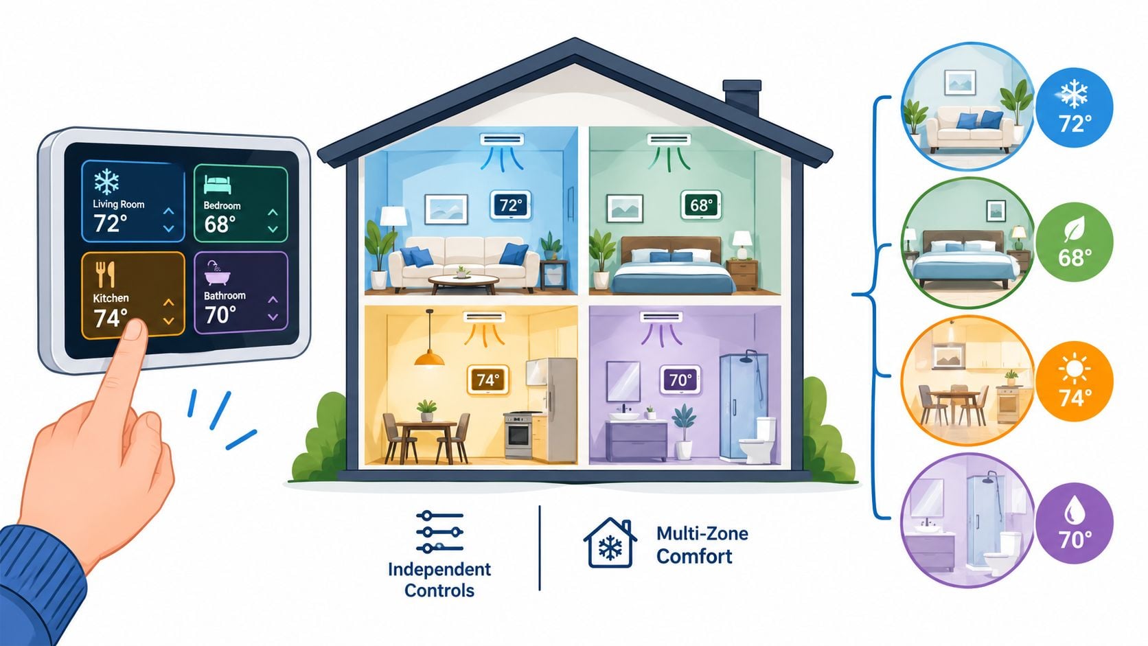 A hand adjusts a smart home thermostat screen controlling different room temperatures for multi-zone climate comfort.