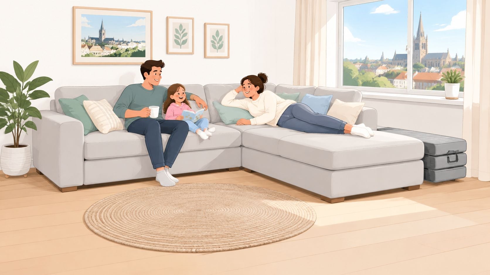 A happy family sitting together on a comfortable grey sleeper sectional sofa with a chaise in their living room.
