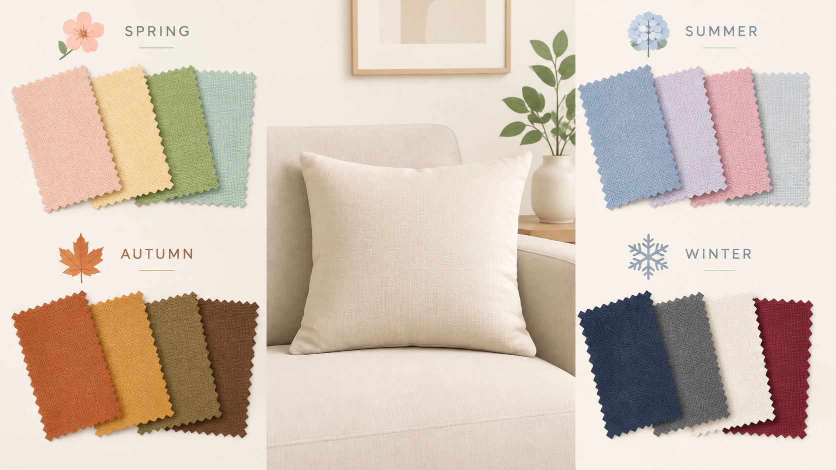 A color palette style quiz showing seasonal fabric swatches for spring, summer, autumn, and winter decor themes.