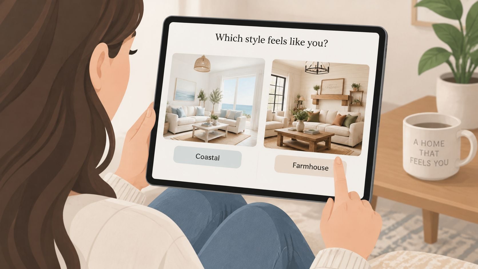 A person taking an online home decor style quiz on a tablet to choose between coastal or farmhouse designs.
