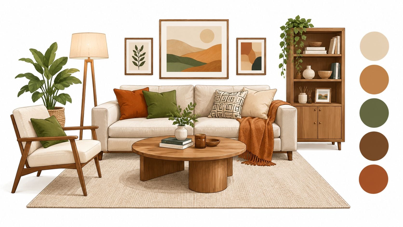 A modern living room design featuring neutral colors, warm wooden furniture, and botanical accents on a white background.