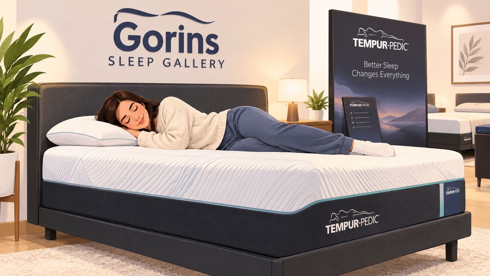 A woman sleeping peacefully on a white Tempur-Pedic mattress inside a Gorins Sleep Gallery store showroom.