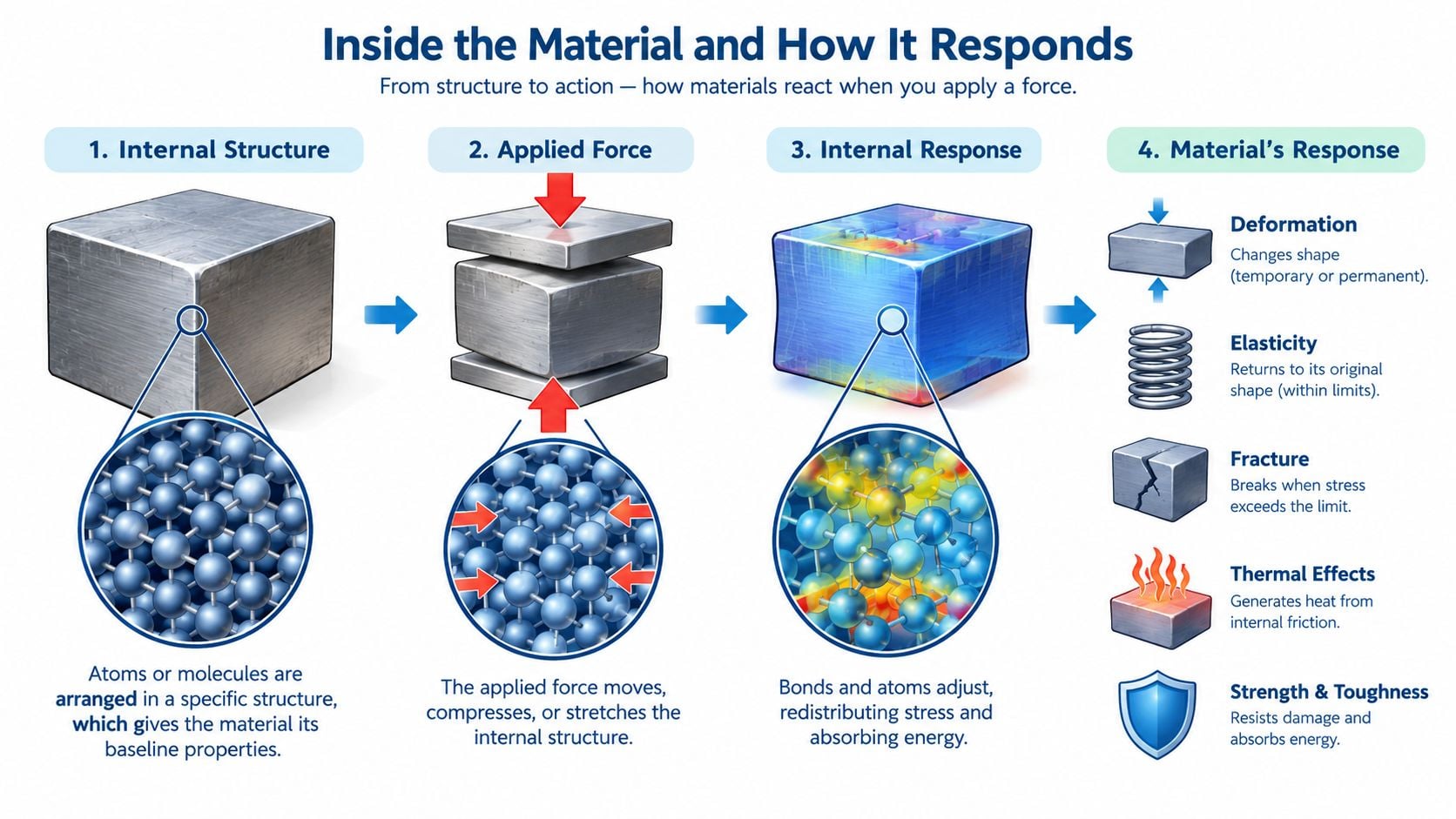 A diagram illustrating how materials respond to applied force, from internal molecular structure to deformation and thermal effects.
