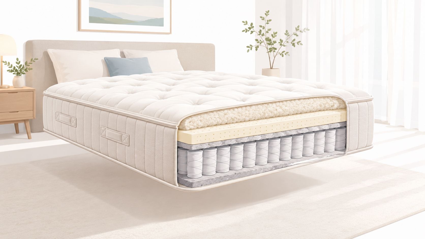 A cutaway view of an ultra luxury mattress showcasing layered foam and spring construction in a bedroom setting.