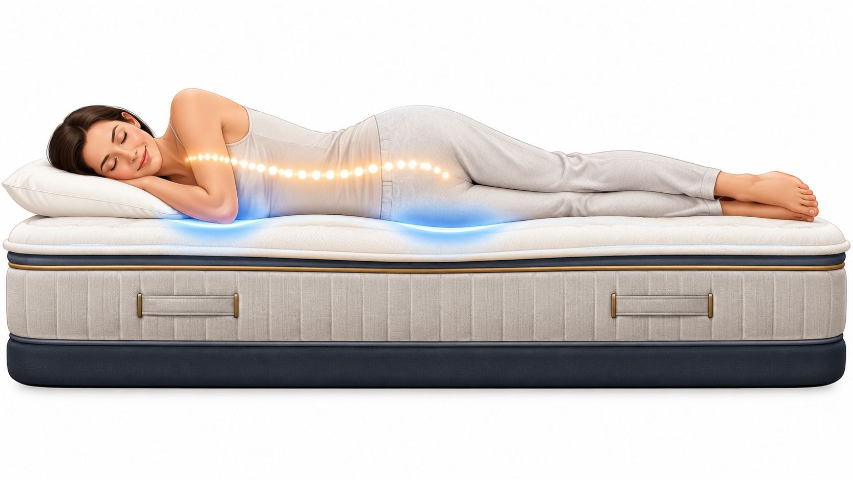 A woman sleeping comfortably on an ultra luxury mattress with glowing spinal alignment visualization and blue support accents.